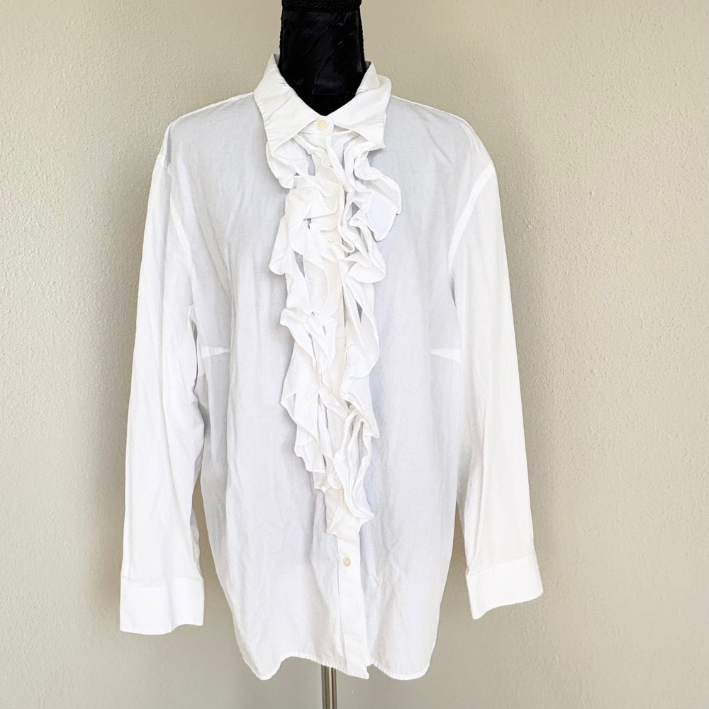 Ralph Lauren LRL Ruffle Front Button Down Shirt Womens L White Preppy Old Money - Picture 3 of 11